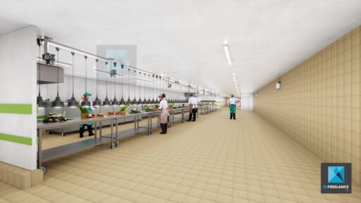 rendu 3d cuisine restauration collective - cuisine de production