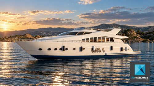 Modélisation 3D et rendu photoréaliste d'un yacht de luxe en environnement marin par un freelance 3D
