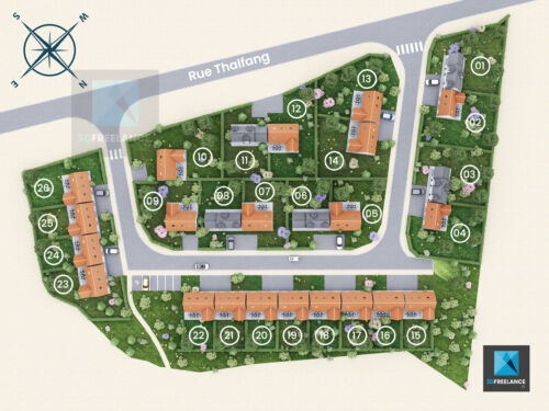 Plan de masse 3D et IA axonométrique d'un grand lotissement de maisons individuelles et voiries