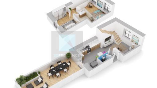 plan 3D meublé de la distribution intérieure d'un appartement