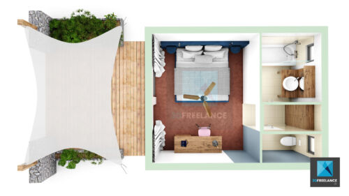 plan 3d meublé chambre d’hôtel freelance