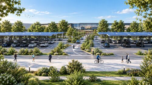 Vue 3D piétonne de l'aménagement d'un parking végétalisé avec structures photovoltaïques