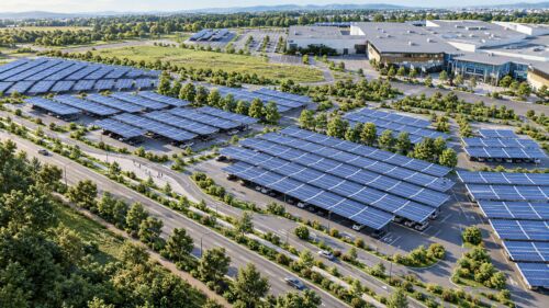Rendu 3D aérien d'un parking commercial équipé d'ombrières photovoltaïques et panneaux solaires