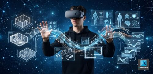 Bandeau panoramique montrant un utilisateur de casque VR manipulant des flux de donn&eacute;es 3D complexes, wireframes architecturaux, sch&eacute;mas m&eacute;dicaux et m&eacute;canismes industriels, illustrant les services de freelance VR de Gr&eacute;gory Chevalier.