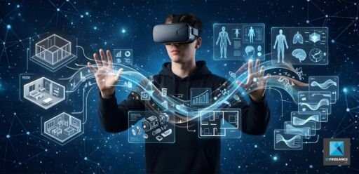 Bandeau panoramique montrant un utilisateur de casque VR manipulant des flux de donn&eacute;es 3D complexes, wireframes architecturaux, sch&eacute;mas m&eacute;dicaux et m&eacute;canismes industriels, illustrant les services de freelance VR de Gr&eacute;gory Chevalier.