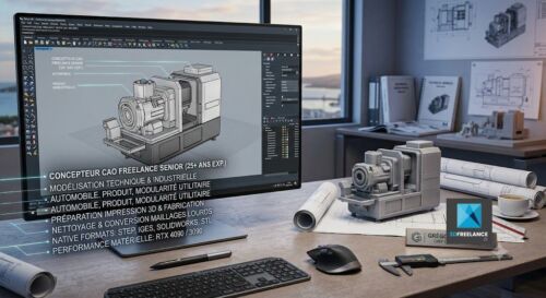 Banni&egrave;re expert concepteur CAO freelance Gr&eacute;gory Chevalier, mod&eacute;lisation technique industrielle sur station RTX 4090, fichiers STEP et SolidWorks.