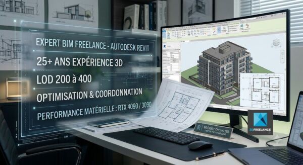 Bannière expert BIM freelance senior Grégory Chevalier - Interface Autodesk Revit avec 3D LOD 400, données techniques et spécifications matérielles RTX
