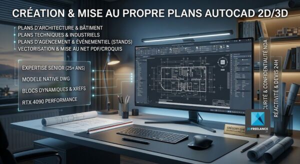 Dessinateur AutoCAD Freelance, Plans AutoCAD &agrave; distance, Vectorisation DWG, Plans d'architecture 2D.
