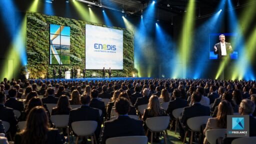 Rendu photoréaliste IA scène principale et écrans géants Enedis