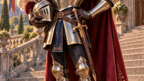 Chevalier en armure étincelante avec cape rouge devant un château médiéval fantastique.
