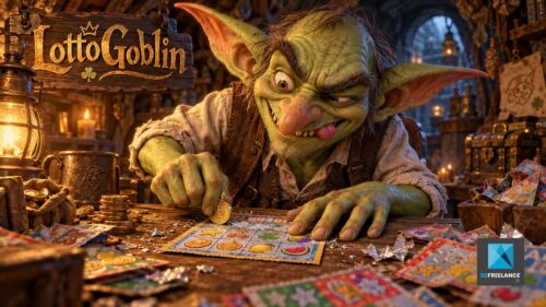 Personnage 3D IA de gobelin grimaçant avec des tickets de jeu et des pièces d’or dans une taverne fantastique.