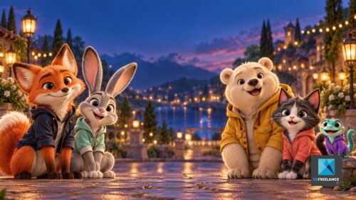 Illustration 3D IA de personnages d'animaux anthropomorphes (renard, lapin, ours polaire, chat) dans un village au crépuscule, réalisée par un illustrateur de personnages 3D.