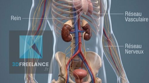 Modélisation 3D du buste humain montrant les reins, le réseau vasculaire et le système nerveux pour l'urologie et l'illustration médicale.