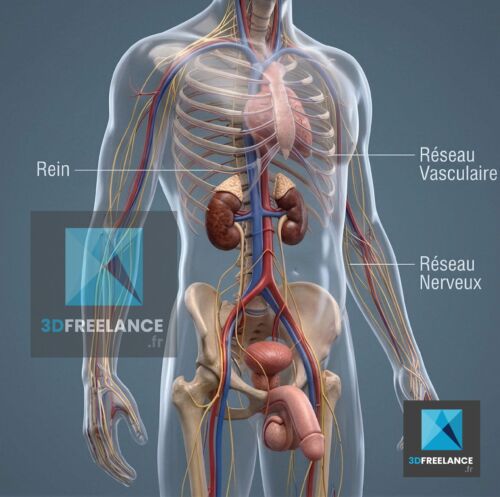 Modélisation 3D du buste humain montrant les reins, le réseau vasculaire et le système nerveux pour l'urologie et l'illustration médicale.