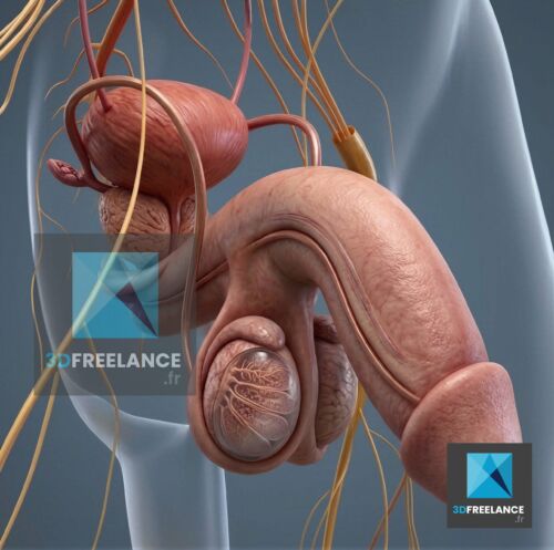 Rendu 3D scientifique de l'appareil génital masculin, du testicule en coupe et de la prostate pour la communication en urologie.