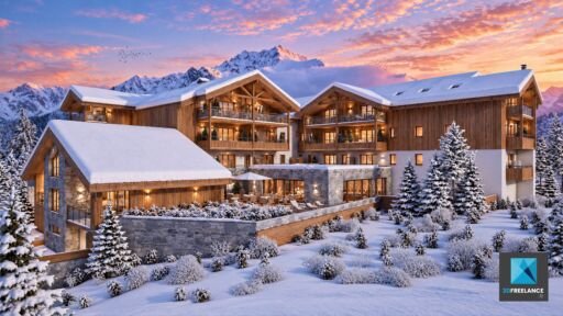 illustration 3d IA immobilier chalet luxe alpeggio