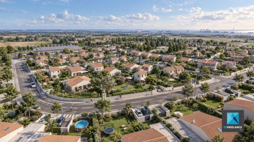 Perspective 3D aérienne montrant l'insertion paysagère des maisons individuelles
