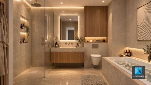 Perspective 3D et IA de salle de bain design avec meuble double vasque suspendu et douche italienne