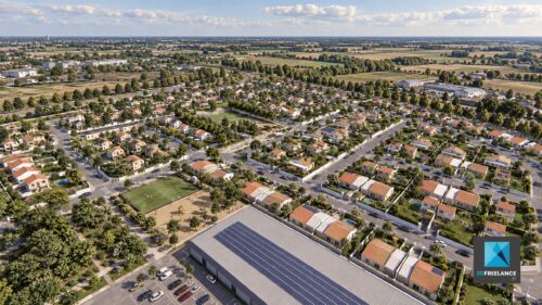 Rendu 3D global d'un éco-quartier avec toitures photovoltaïques et espaces verts