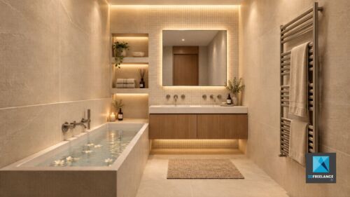 Visuel 3D et IA d'une salle de bain de luxe avec baignoire encastrée et éclairage LED chaleureux