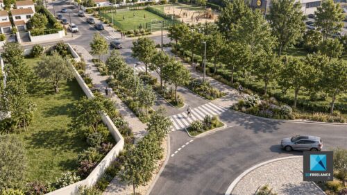 Visualisation 3D piétonne montrant la voirie, la végétation et les mobilités douces
