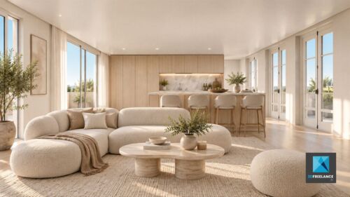 Visualisation 3D et IA d'un grand salon lumineux haut de gamme avec canapé panoramique blanc