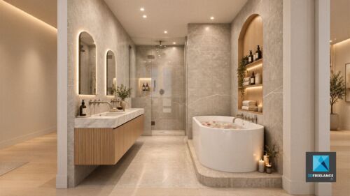 Image de synthèse 3D et IA d'une salle de bain moderne avec baignoire îlot et arches architecturales