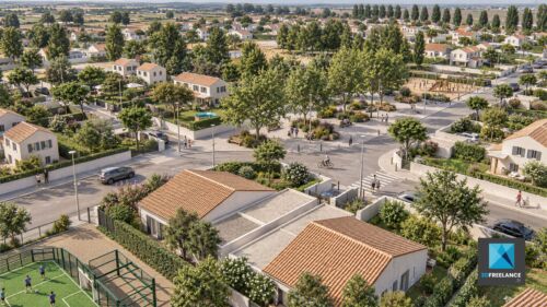 Rendu 3D des équipements de quartier : terrain multisport, parc et maisons individuelles