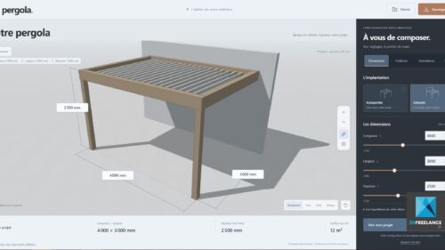 Interface de configurateur 3D WebGL pour pergola bioclimatique montrant la variation des dimensions et l'implantation en temps réel.