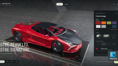Interface de configurateur 3D interactif WebGL pour automobile montrant une supercar rouge personnalisable en temps réel.