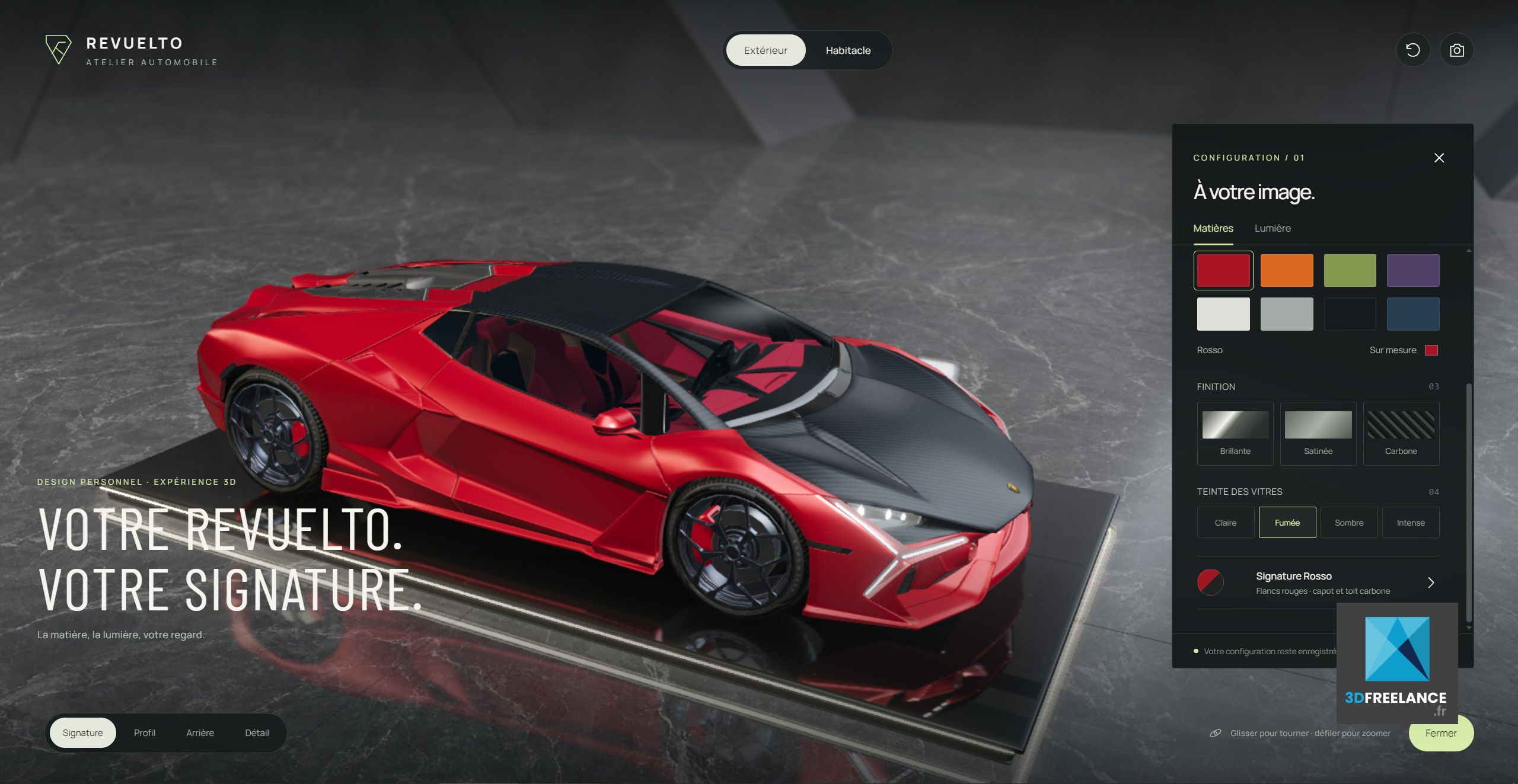 Interface de configurateur 3D interactif WebGL pour automobile montrant une supercar rouge personnalisable en temps réel.