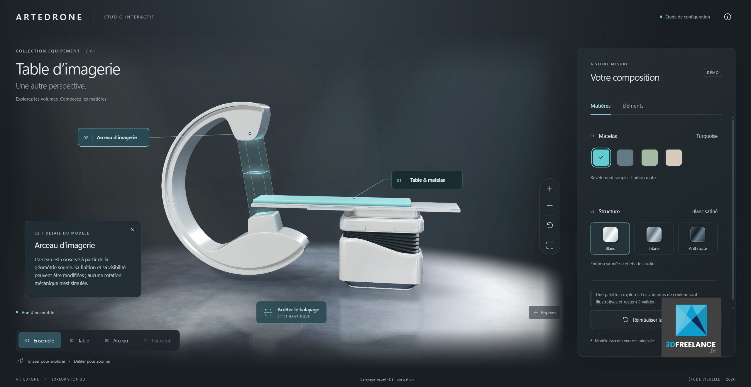 Développeur 3D concevant un configurateur 3D de matériel médical et de dispositifs de santé en WebGL.